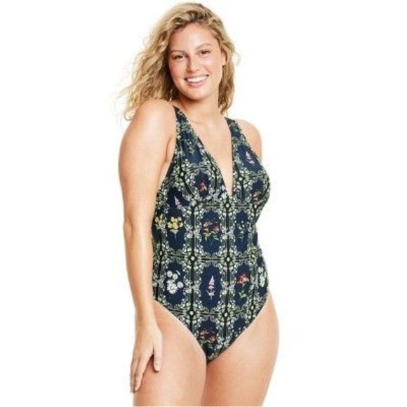 Agua Bendita Other - Agua Bendita Target Navy Dainty Floral Tile Print Cheeky One Piece Swimsuit XL